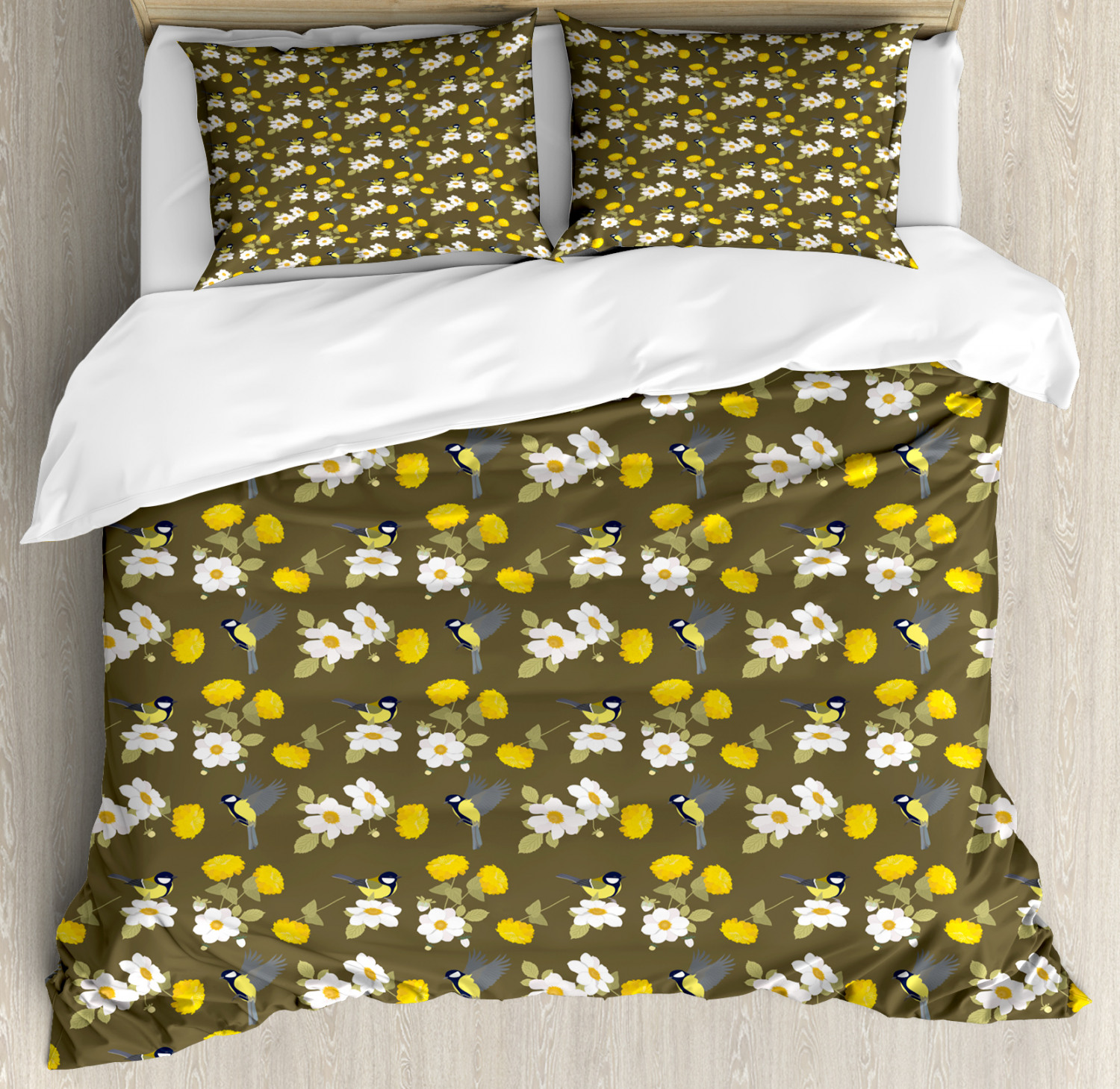 Yellow Bird Duvet Cover Set, Vintage Inspired Avian Pattern with Dahlias Chrysanthemum and