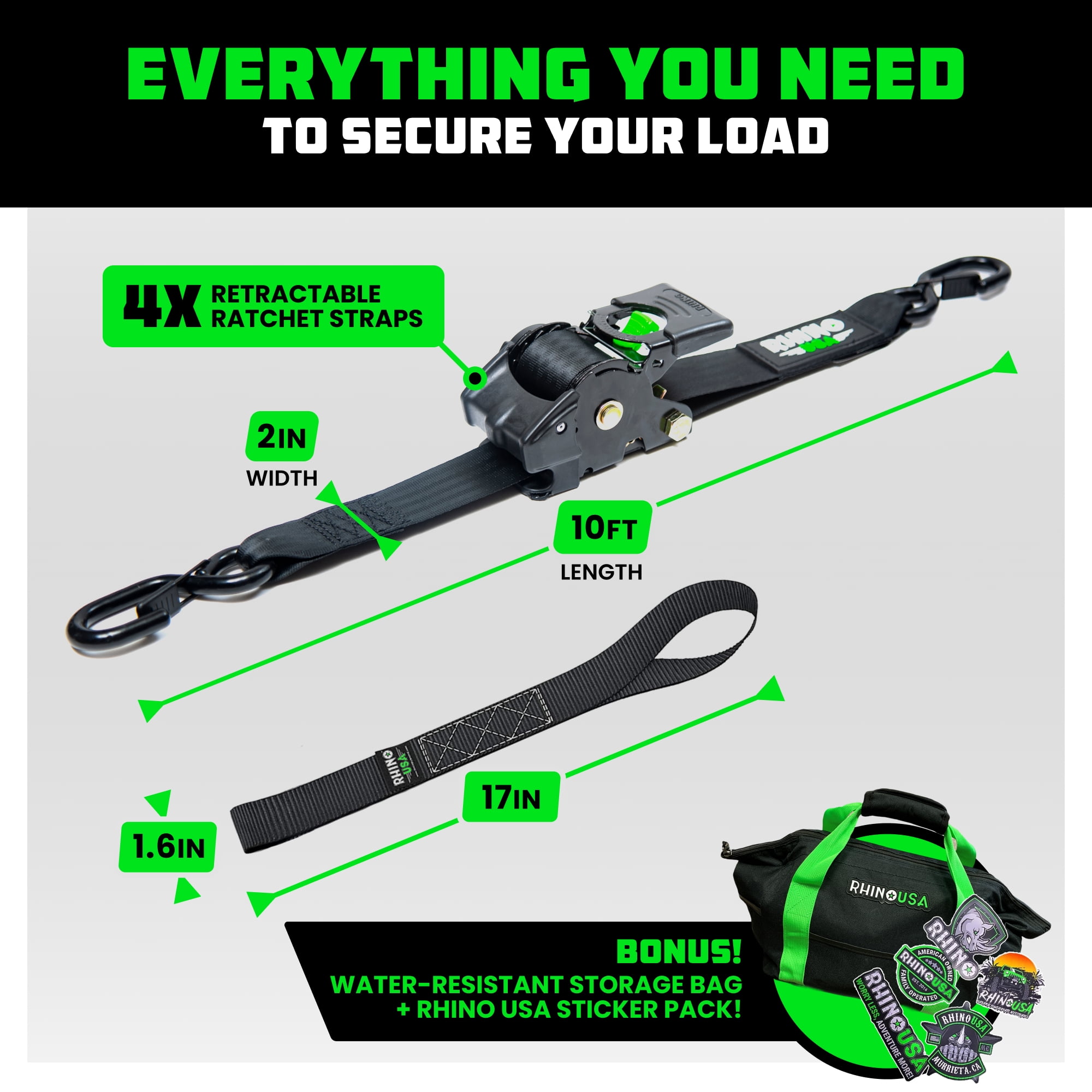 Rhino USA Heavy Duty 2" x 10' Retractable Ratchet Straps 3,033lb Break Strength (Black 4-Pack)