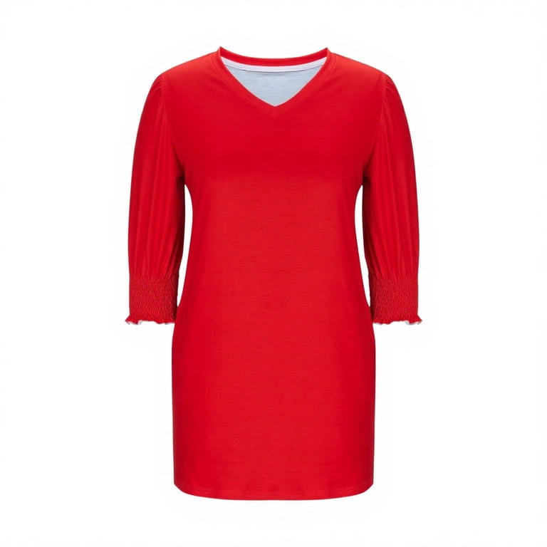 Summer 3/4 Sleeve Dresses for Women Dressy Casual Fall Midi Dress with Pockets Smocked Cuffs Crew Neck Aline Red, S