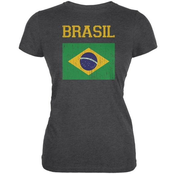 World Cup Distressed Flag Brasil Dark Heather Juniors Soft T-Shirt - Medium