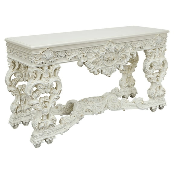 ACME Adara Wooden Top Sofa Table with Floral Legs in Antique White