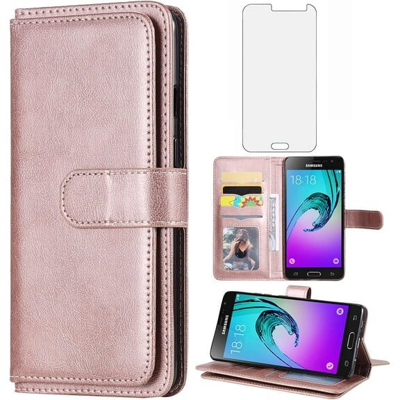 Compatible with Samsung Galaxy J3 2016/J 3 V/J36V/Sky/Amp Prime Wallet Phone Case Tempered Glass Screen Protector Flip Cover Card Holder Cell for Glaxay Sol J3V JV3 J36 6 J320V J320A Women Rose Gold