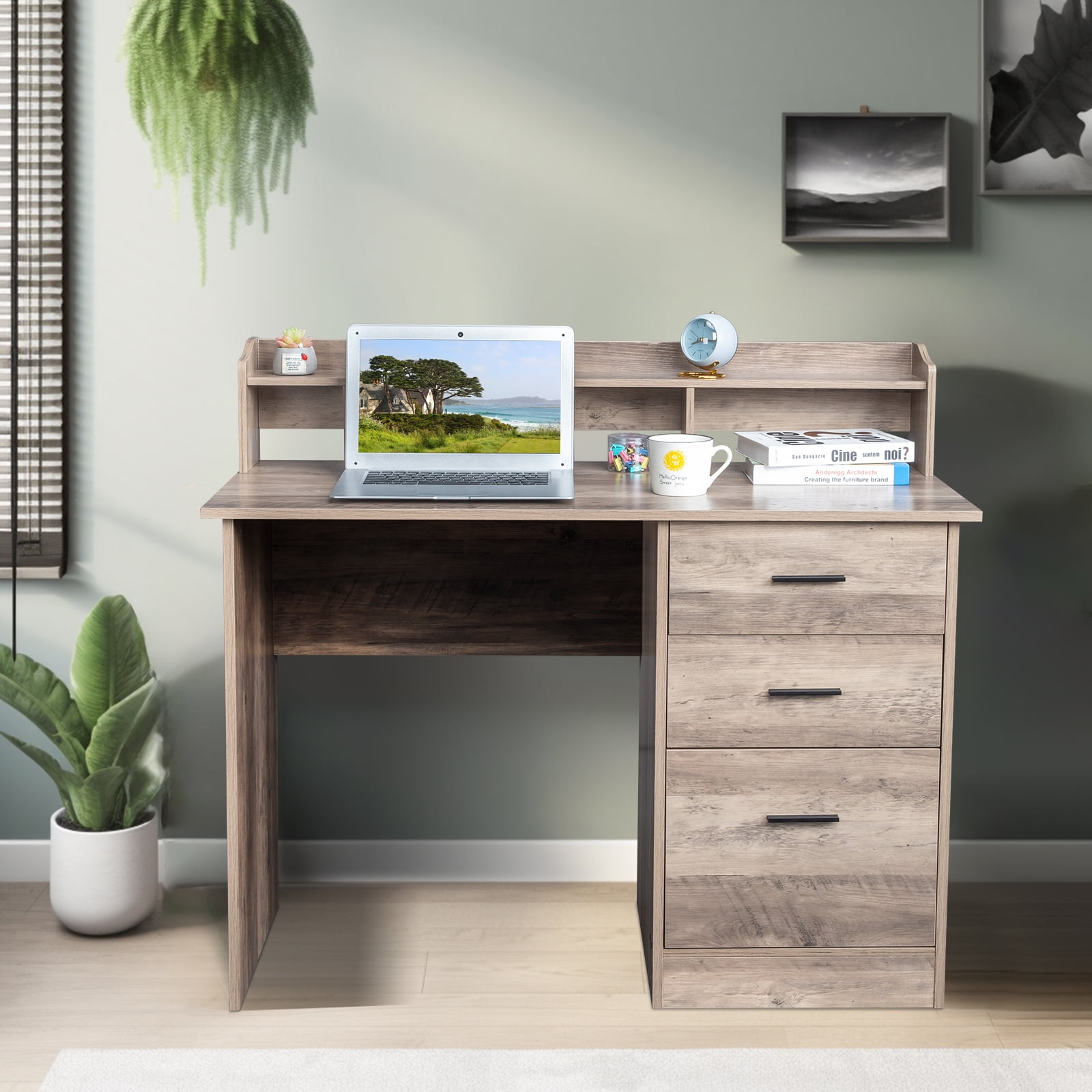 Ktaxon Gaming Desk with 3 Drawers, Computer Desk with Desktop Storage Rack&Anti-slip Separator for Home Office, Oak