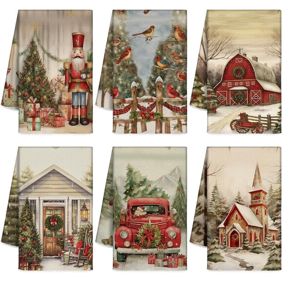 6 Pcs Vintage Christmas Kitchen Towels Absorbent Xmas Dish Towels Christmas Tea Towel Decorative Red Nutcracker Truck House Hand Towels for Home Bathroom Holiday Housewarming Gift 16x24 inches