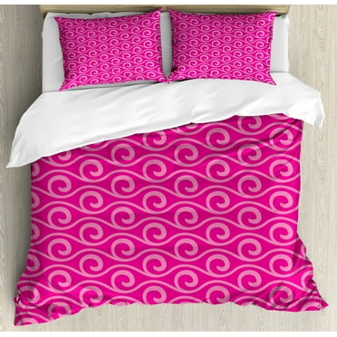 Hot Pink Queen Size Duvet Cover Set, Ocean Waves Inspired Abstract Fantasy Pattern with Horizontal Curves and Lines, Decorative 3 Piece Bedding Set with 2 Pillow Shams, Pink Hot Pink, by Ambesonne