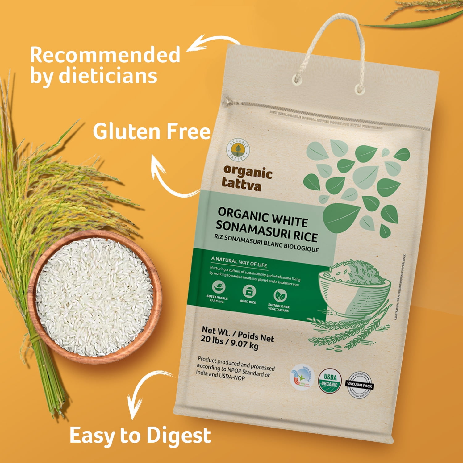 Organic Tattva White Medium Grain Rice 20LB, Lightweight & Naturally Aromatic Sonamasuri Rice, Vegan, Kosher, Non GMO, No Additives, Gluten Free, USDA Certified
