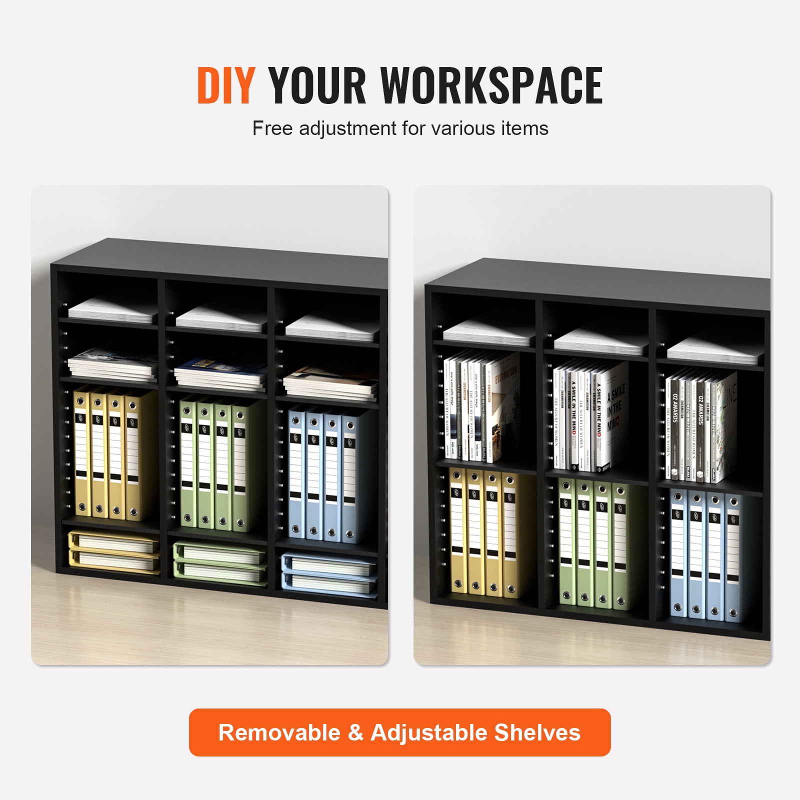 VEVOR Wood Literature Organizer Adjustable File Sorter 36 Compartments Countertop Literature Organizer Paper Storage Holder Black