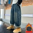 thumbnail image 2 of YABCSAZ Boys Girls Jeans Baggy Denim Joggers Elastic Waist Fleece Lined Pant Baby Casual Loose Warm Comfy Pocket Toddler Haren Jeans Kids Hip hop, Streetwear,Trendy Jeans Size 14 Years, 2 of 8