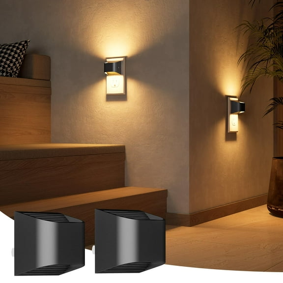 A Night Light Plug-in with Auto Brightness Sensor, 3000K Warm White, Ultra-Slim Wall Light for Hallway, Bathroom, Bedroom, Stairs - 2 Pack, Black