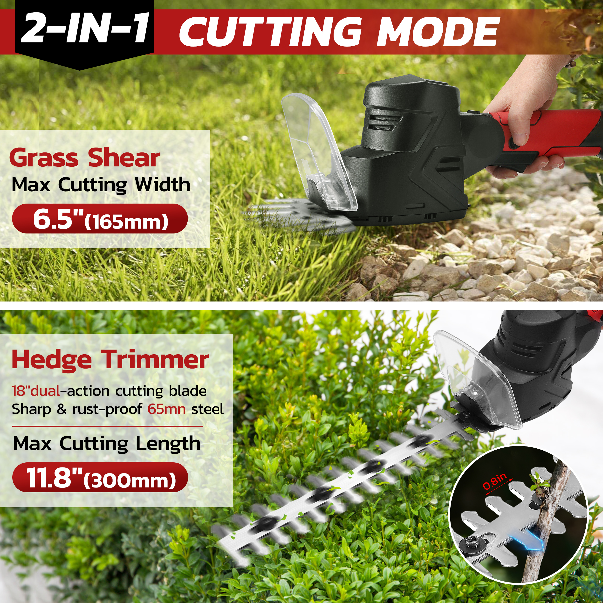 RELOIVE  4-in-1 Telescoping Pole Hedge Trimmer/Grass Shear/Shrub Trimmer/Grass Trimmer with 2.0 Ah Battery,12V (Red)