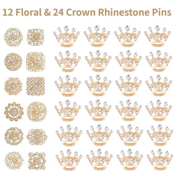 36-Piece Brooch Set: 12 Floral & 24 Crown Rhinestone Pins, Alloy Gold Wedding Accessories for Bridal, Crafts, Gifts