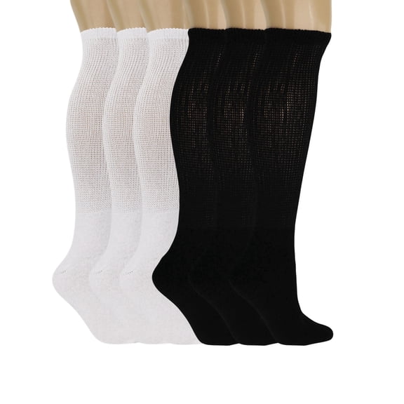 Diabetic Knee Socks Unisex, 6 Pairs Full Cushioned Cotton Blend, Non-Binding (White 3 Pairs,Black 3 Pairs, 9-11)