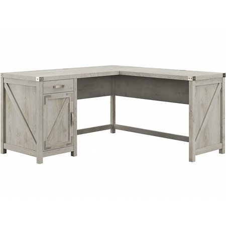 UPC: 0042976128913 | Bush Furniture Knoxville 60W L Shaped Desk with Storage Cabinet by Cottage White Pewter Finish