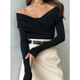 thumbnail image 5 of FEORJGP Women Long Sleeve T-Shirts  V-Neck Off Shoulder Shirts Solid Color Front Cross Slim Fit Short Tops Streetwear Daily for Spring Fall, 5 of 9