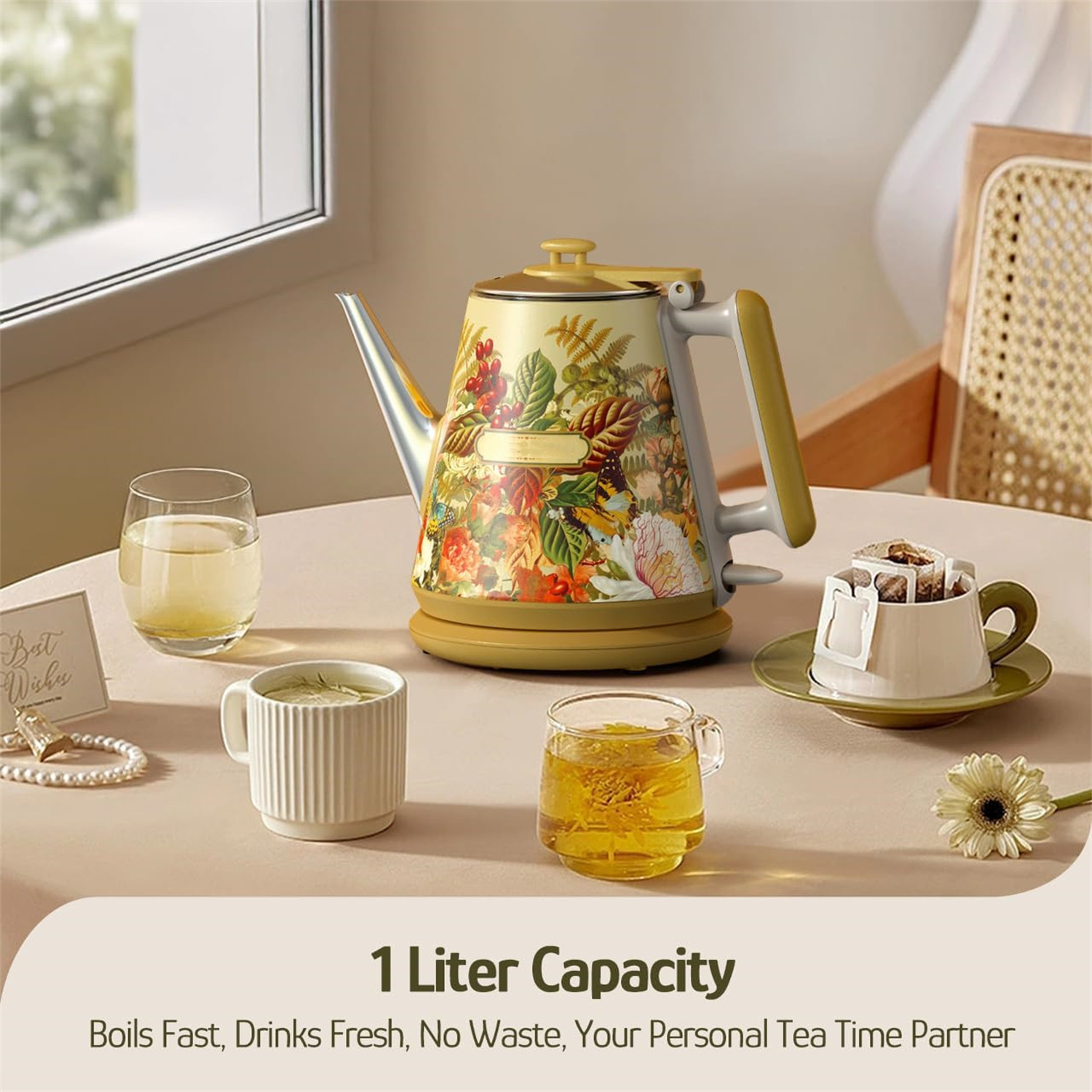 Collaboration Electric Kettle- 1 Litres / 34 Ounces Retro Small Tea Kettle, Double Wall, 304 Stainless Steel, 800W Fast Boiling