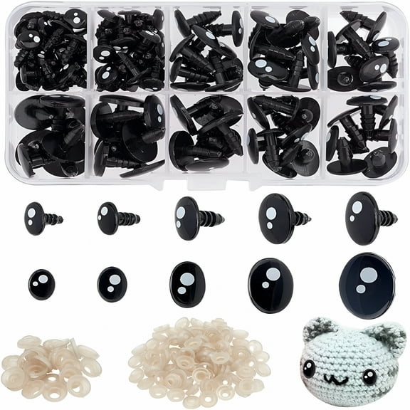 BESTSKY 200pcs Safety Eyes,5 Sizes Craft Eyes Black Stuffed Animal Eyes with Washers Oval Resin Felt Eyes for Amigurumi Puppet Teddy Bear Crochet Toy Plush Animal Making