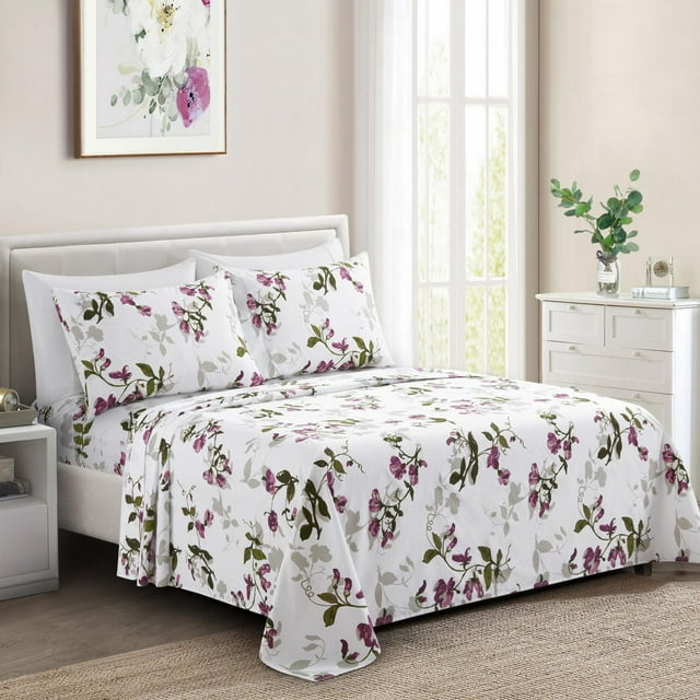 ultra soft silky deep pocket 6-piece bedding sheet set with pink light floral pattern on bed in modern bedroom