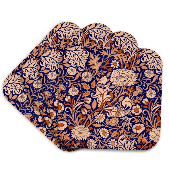 3dRose, William Morris Cherwell Chintz Pattern in Blue and Orange, set of 4 Coasters - Soft