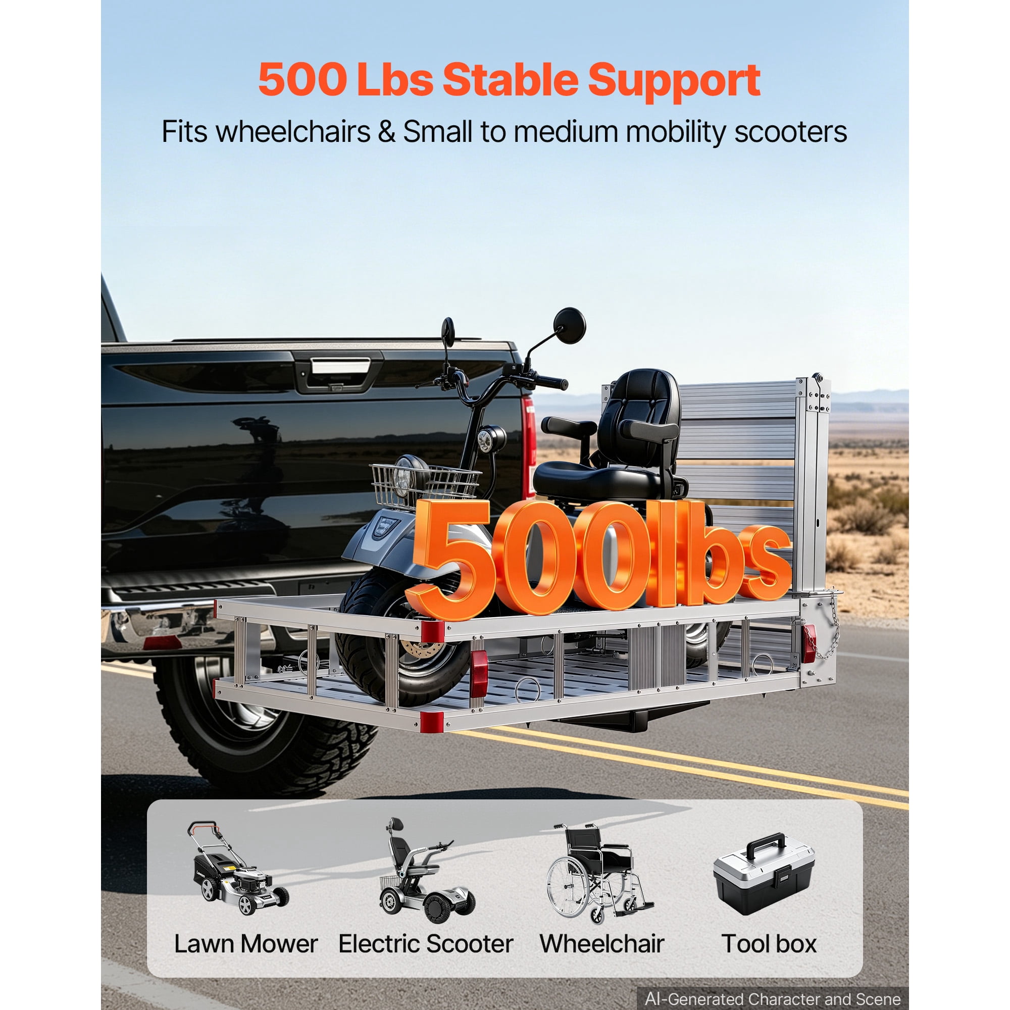 KFFKFF Hitch-Mounted Wheelchair Carrier, 500LBS Capacity with Foldable Ramp, Aluminum Cargo Basket & Stabilizer Kit, Compatible with 2" Receiver for Trucks, SUVs, and Cars, 53.7" x 29.5" x 8.7"