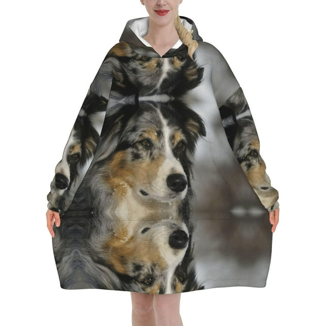Australian Shepherd,Women's Oversized Wearable Blanket Hoodie, Blanket Sweatshirt,Flannel Pullover Blanket
