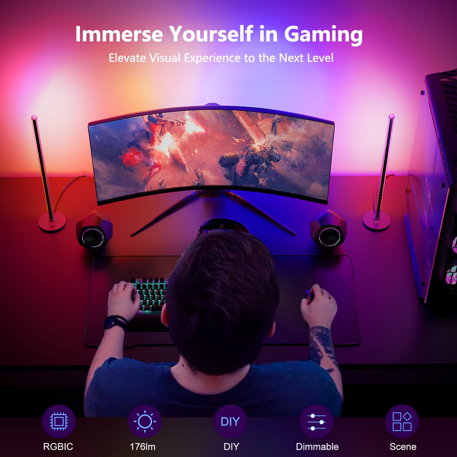 RGB Smart LED Gaming Lights Ambient Lighting, 16.5ft LED Lightbar and 8.2ft LED Strip, Music Sync, Software Control, Compatible with Max. 34 Inch Monitor