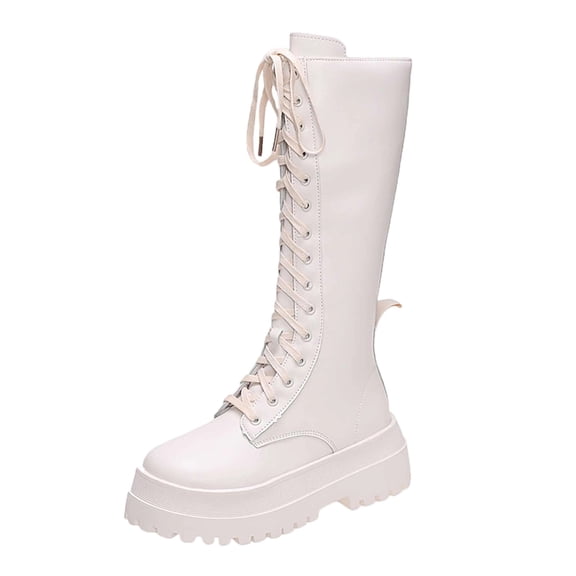 POROPL Boots for Women,Knee High Boots Lace Up Combat Boots Chunky Platform Side Zipper Boot