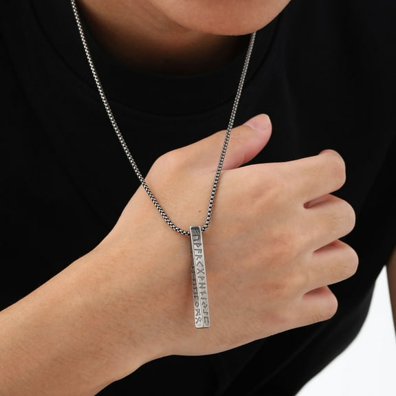 Viking Bar Necklace for Men, Cool Vintage Grey Viking 24 Runes Stainless Steel Necklace for Him
