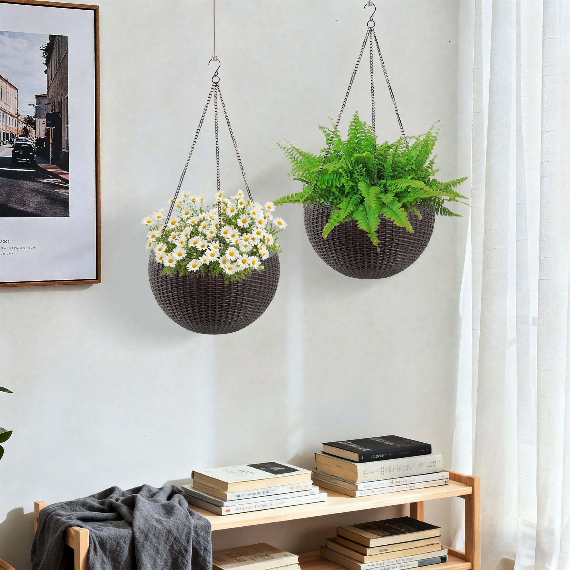 2 Pack Hanging Planters for Indoor Outdoor Plants,13.4 inch Self-Watering Hanging Rattan-Inspired Planter Large Capacity with Water Level Indicator for Home,Garden Decor,Brown