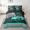 thumbnail image 3 of Manfei Cyan Racing Car 7 Pieces Bedding Comforter Set for Boys, Modern Checkered Flag Full Bedding Set, Fashion Honeycomb Reversible Fitted Sheet Flat Sheet, Microfiber Bedroom Decor, 3 of 8