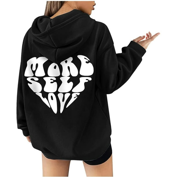 Sudaderas sueltas para mujer Sudaderas con capucha con cordón Camisas con gráficos en la espalda Jersey informal Tops de manga larga con bolsillo con mangas con hombros caídos Pompotops gfhjh13592