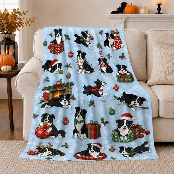 Christmas Border Collie Pattern, Festive Holiday Scene, Warm Flannel Blanket for Living Room and Bedroom with Detailed Artwork, Animal Lovers Christmas Gift, Festive Home Decor