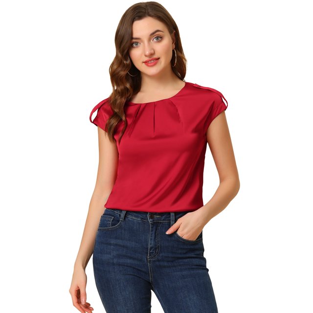 Blusa sedosa para mujer, cuello redondo, plisado, informal, elegante, superior rojo S