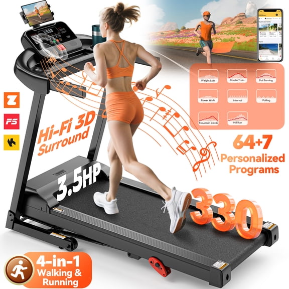 Folding Treadmill w/ Incline, 3.5HP Treadmill for Home w/ 330lb Capacity, 71 Programs