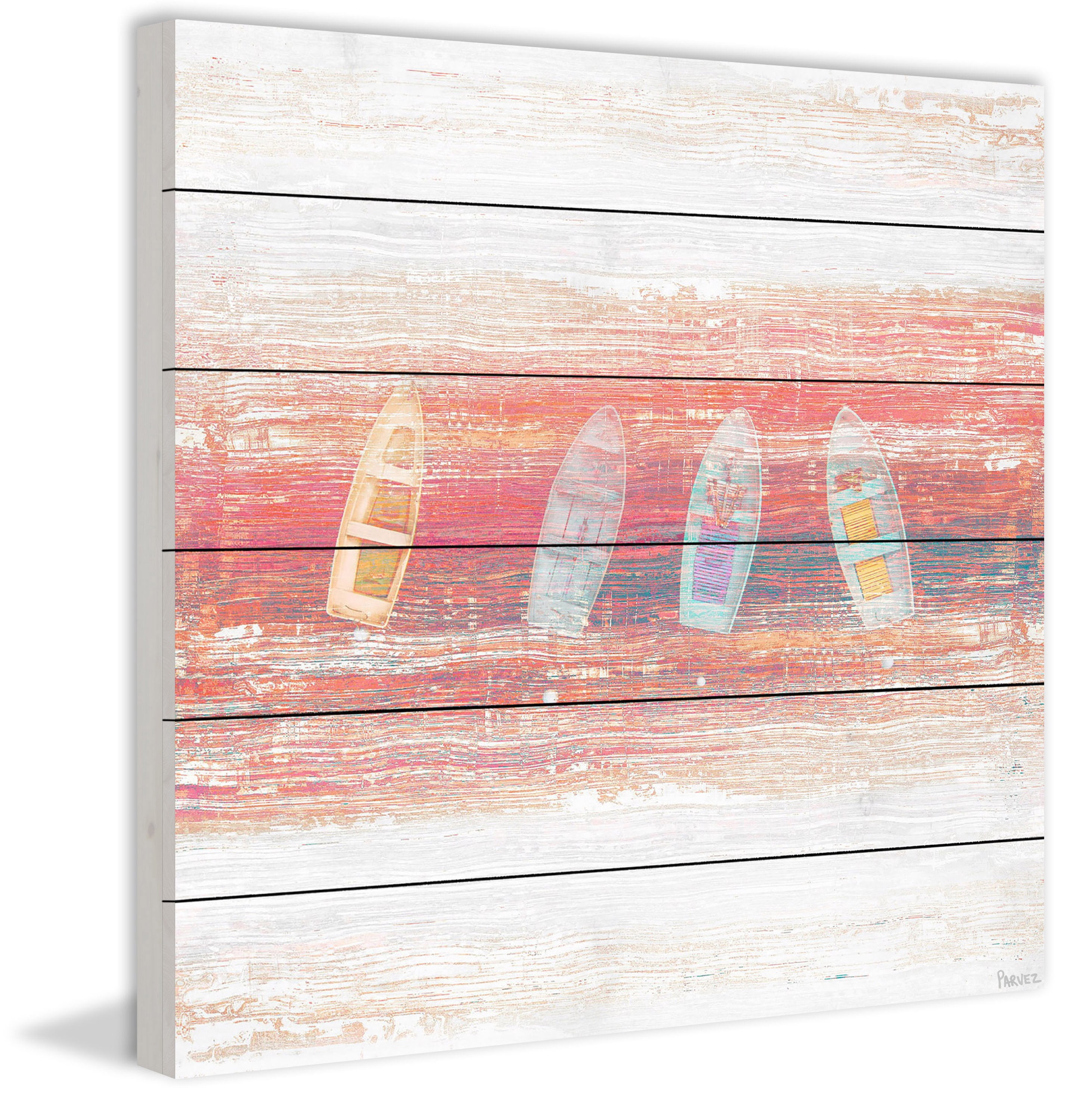 "Four Small Boats" Painting Print on White Wood