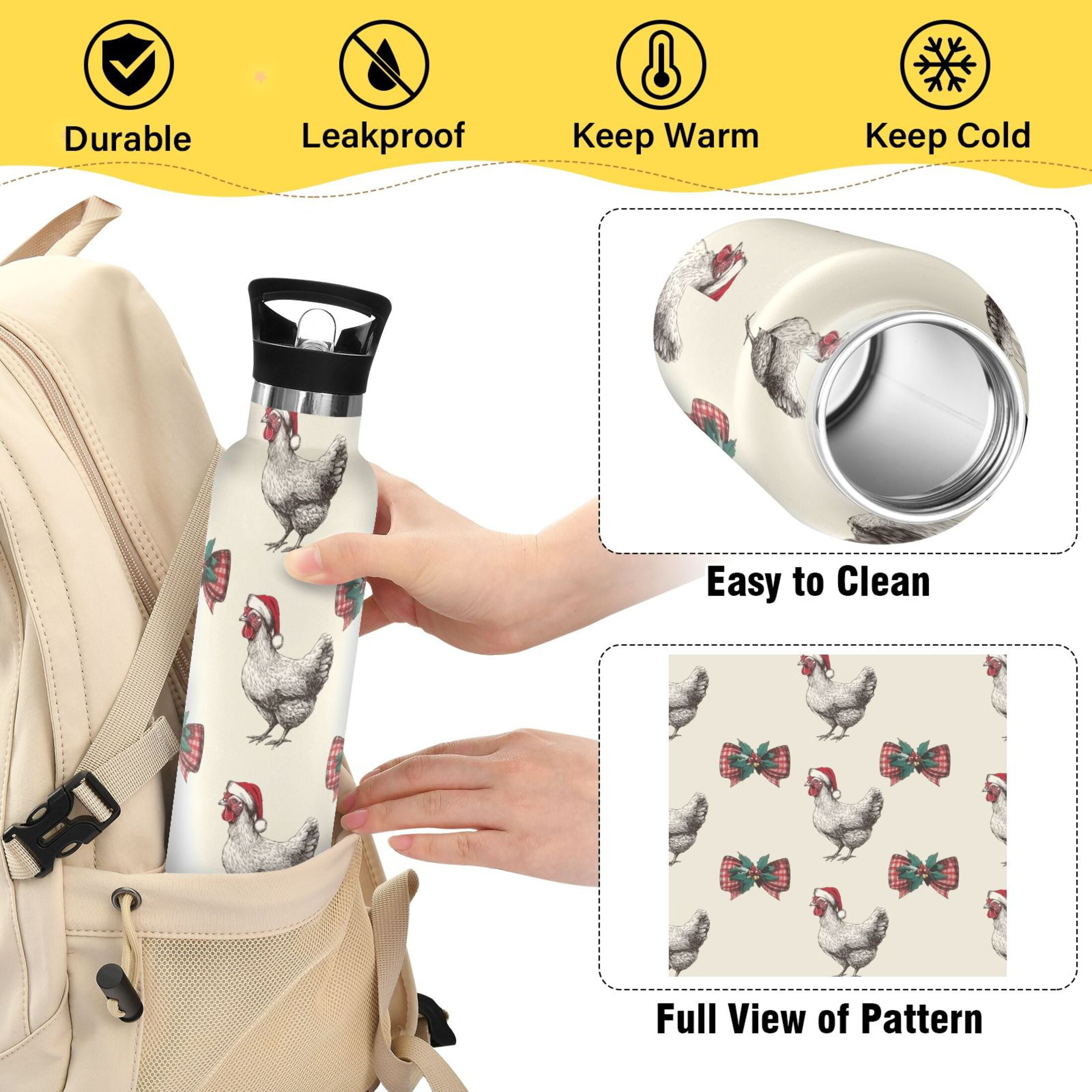 Kids Insulated Stainless Steel Sports Water Bottle 600ml (20oz) Bow and Chickens