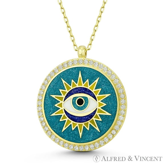 Evil Eye & Sun Luck Charm Enamel & CZ Crystal Pendant & Chain Necklace in .925 Sterling Silver