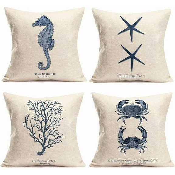 Ocean Nautical Theme Set of 4 Cotton Linen Marine Life Blue Seahorse Crab Coral Starfish Throw Pillow Cases Couch Sofa Home Decorative Cushion Cover 18"x18" (GQ002)
