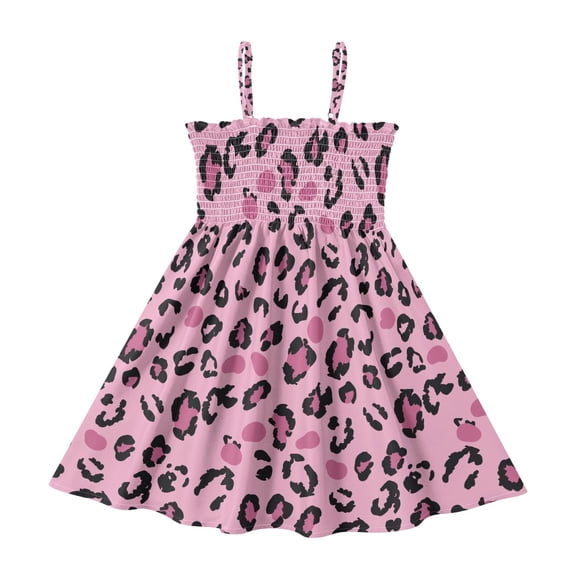 Summer Spaghetti Strap Leopard Print Pink Pattern A Line Dress Casual Sleeveless Cami Sundress for Size 2-8 Years