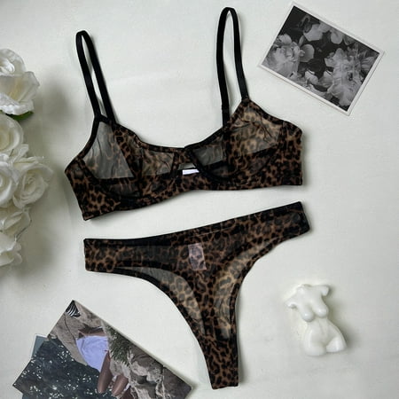 French Underwear Sexy Leopard Print Ultra-Thin Sheer Mesh Sexy Bra Big Chest Small Anti-SAG Bra Suit