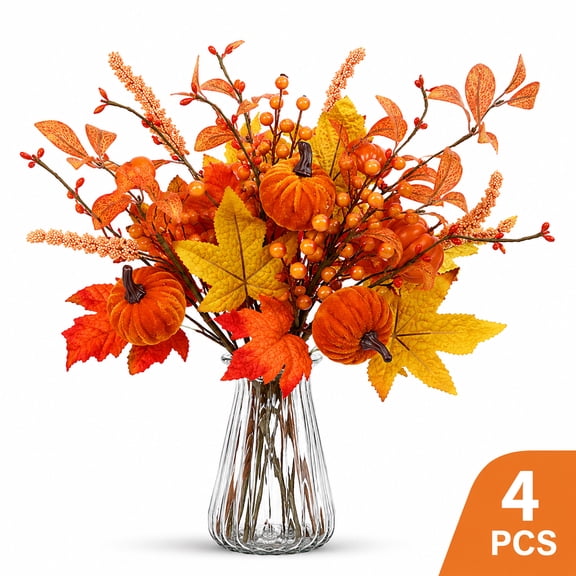 Artificial Fall Floral Stems 19.5 Inch,4 Pcs Pumpkin Berry Maple Leaf Branches for Thanksgiving Harvest Holiday Halloween Home Vase Arrangement Decor