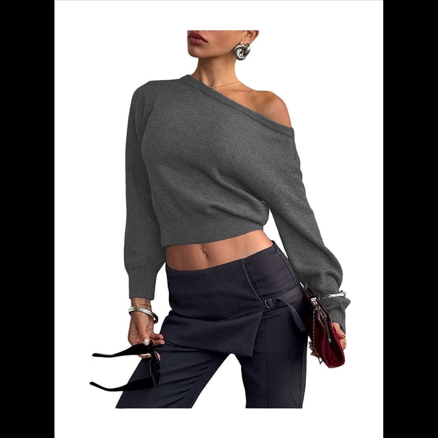 Suéter Corto de Larga con Hombros Descubiertos para Mujer, Moderno Jersey de Punto Acanalado Suave con Cuello . Gris S