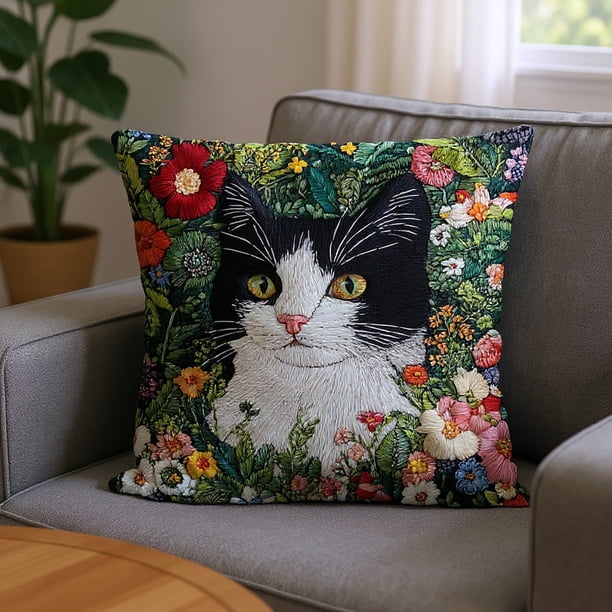 Funda de almohada estilo campestre con gatitos, inspirada en bordados de imitación, ideal para decoración del hogar. Funda de almohada de poliéster.