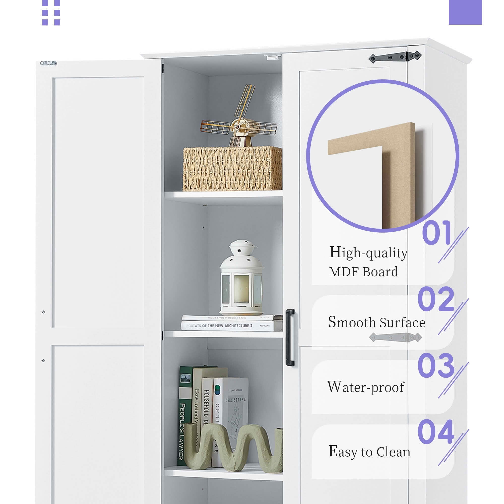 MAYEERTY Tall Bathroom Cabinet 2 Doors 1 Drawer Adjustable Shelf MDF White