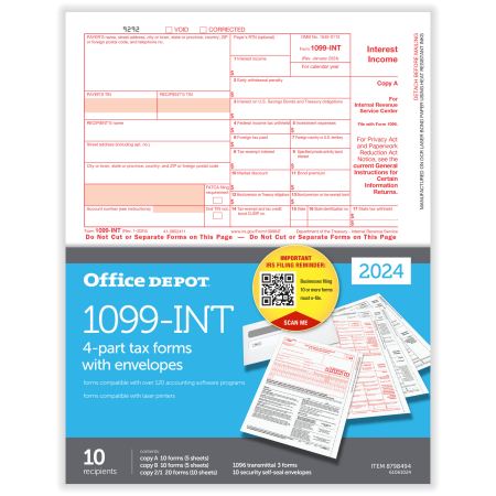 Office Depot 1099-INT Laser Tax Forms With Envelopes, 4-Part, 2-Up, 8-1/2" x 11", Pack Of 10 Form Sets