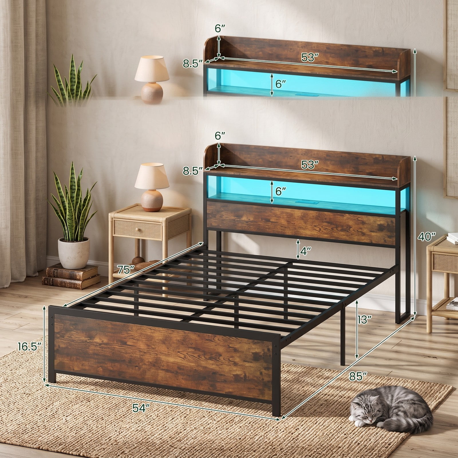 Furnibear Full Size Bed Frame with Storage Headboard, LED Platform Bed Frame with Power Outlets and USB Ports, Rustic Brown