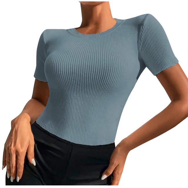 Blusa superior sexy de manga corta sólida con cuello redondo de verano para mujer con estilo OAVQHLG3B Store lin121212