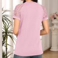thumbnail image 3 of Morttic Women's Solid Color Ruched Front Short Sleeve Round Neck Lace Hollowed-Out Patchwork, Summer Casual T-Shirt Pink，S, 3 of 4