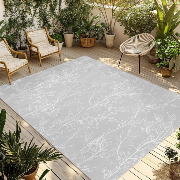 Abstract White Branches Outdoor Area Rug 3x5ft Decorative Indoor Outdoor Rug Minimalist Botanical Grey Patio Area Rug for Porch, Deck, Balcony, Entryway, Camping & RV