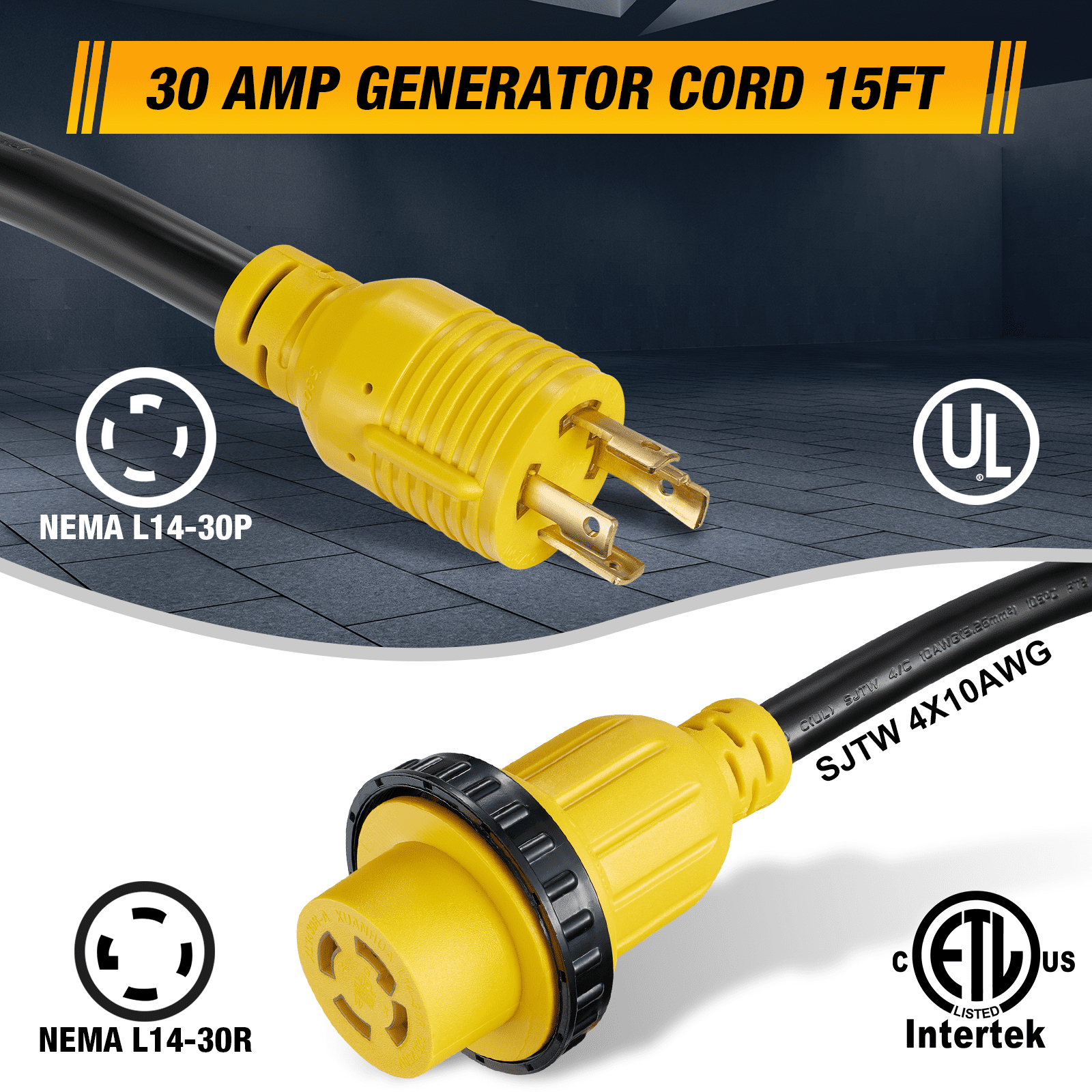 15FT 30 Amp Generator Cord with Inlet Box, RV Extension Cord NEMAL14-30P / L14-30R, Twist Lock Connector, 125V/250V Generator Extension Cord for RV Camper/Electricity for House Generator