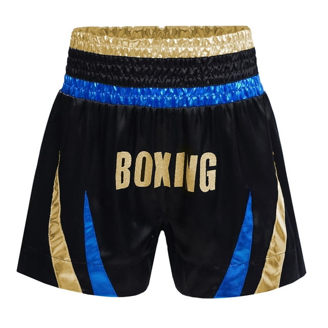 Alvivi Kids Boys MMA Training Boxing Shorts Boxer Trunks Metallic Patchwork Side Split Satin Short Blue&Gold 12